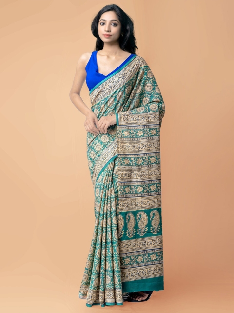 Unnati Silks Teal & Beige Pure Handloom Sustainable Block Printed Mulmul Cotton Saree
Unnati Silks Teal & Beige Pure Handloom Sustainable Block Printed Mulmul Cotton Saree
