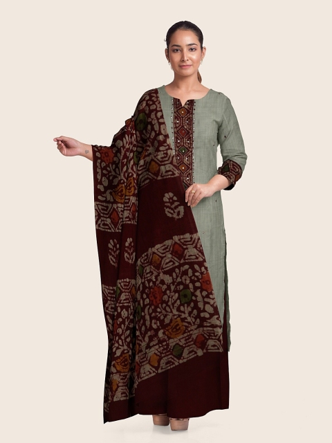 Pothys Grey & Maroon Printed Unstitched Dress Material