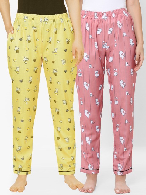 FashionRack Women Pack Of 2 Yellow & Pink Printed Lounge Pants