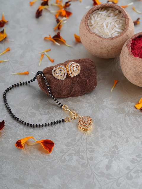 FIROZA Gold-Plated Black & White Crystal-Studded & Beaded Hand Mangalsutra With Earrings
FIROZA Gold-Plated Black & White Crystal-Studded & Beaded Hand Mangalsutra With Earrings