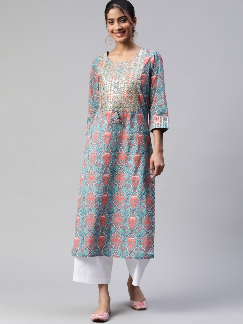 Readiprint Fashions Women Turquoise Blue & Pink Floral Printed Gotta Patti Floral Kurta