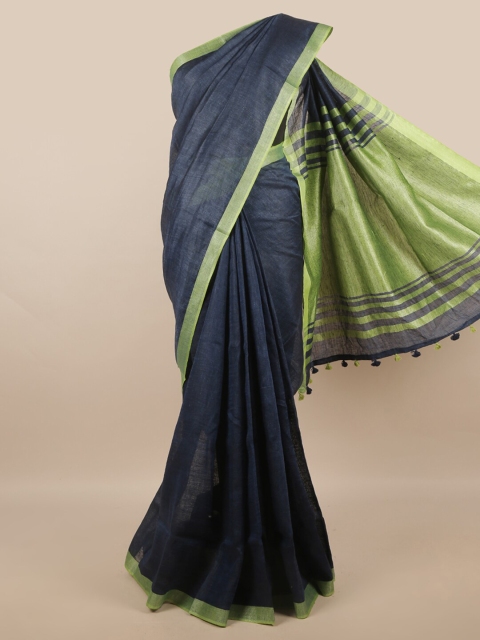 Pothys Blue & Green Zari Linen Blend Saree