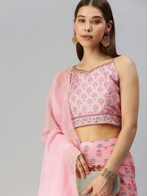 Global Desi Women Pink & Orange Floral Printed Top with Palazzos & Dupatta