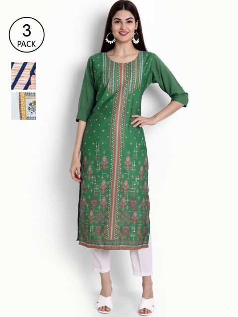 Ethnic basket Women Pack Of 3 Kurtas, Green