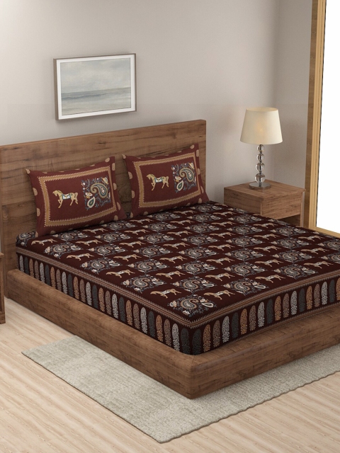 Rajasthan Decor Maroon & Blue Ethnic Motifs 144 TC King Bedsheet with 2 Pillow Covers