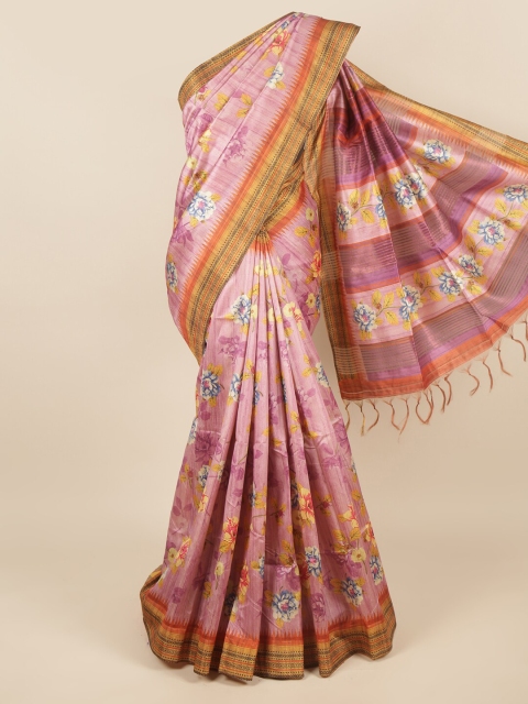 Pothys Purple & Yellow Floral Jute Silk Saree