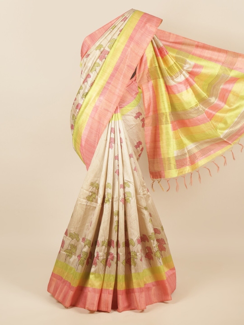 Pothys Cream-Coloured & Pink Floral Printed Jute Silk Saree