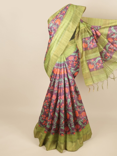 Pothys Purple & Peach-Coloured Floral Jute Silk Saree