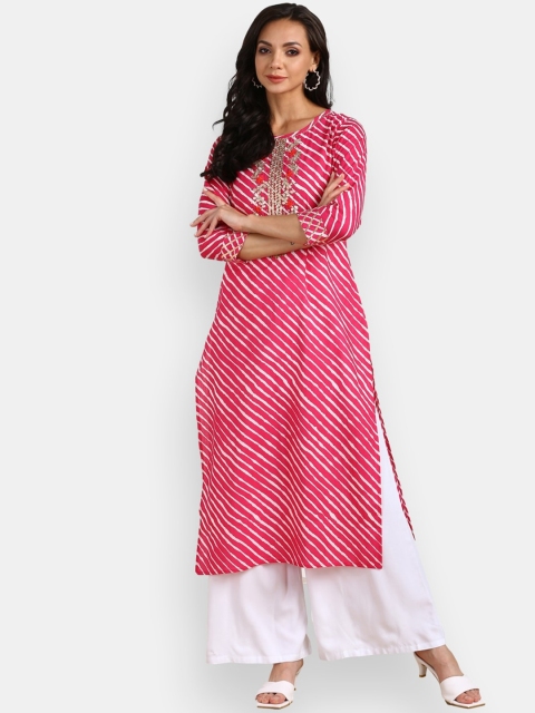 VEDANA Women Pink & White Leheriya Round Neck Straight Kurta