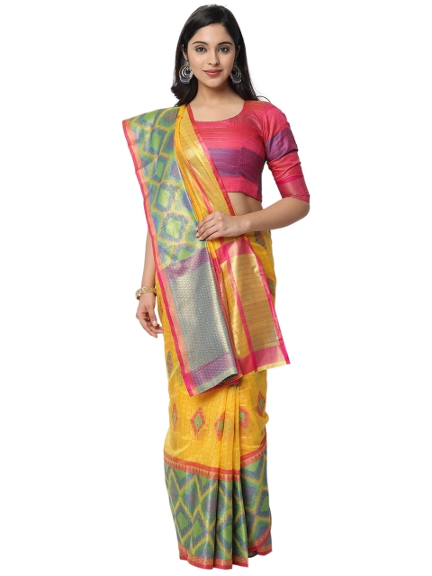 PERFECTBLUE Yellow & Green Woven Design Zari Silk Blend Saree