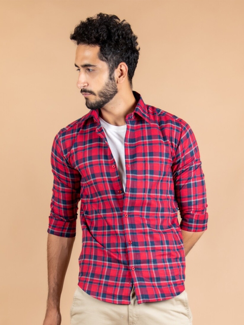 Tistabene Men Red Tartan Checks Checked Casual Shirt