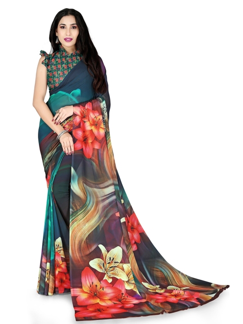 KALINI Blue & Red Floral Printed Saree