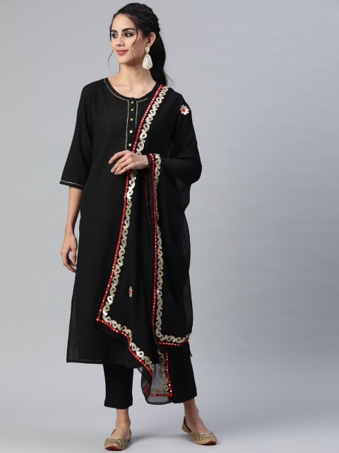 Fusion Threads Women Black & Golden Pure Cotton Solid Zari Kurta with Trousers & Dupatta
Fusion Threads Women Black & Golden Pure Cotton Solid Zari Kurta with Trousers & Dupatta