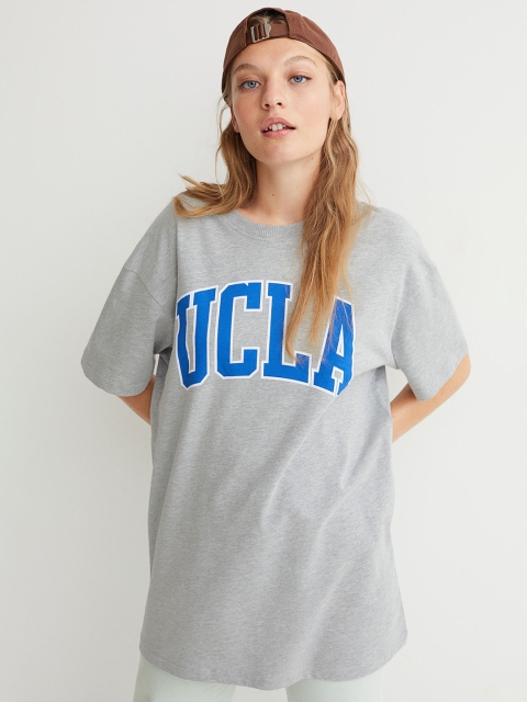 H&M Women Grey & Blue Oversized Motif-Detail T-shirt