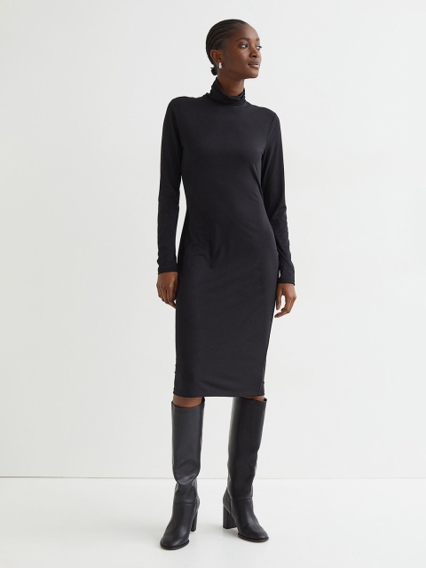 H&M Women Black Solid Fitted Polo-Neck Dress
