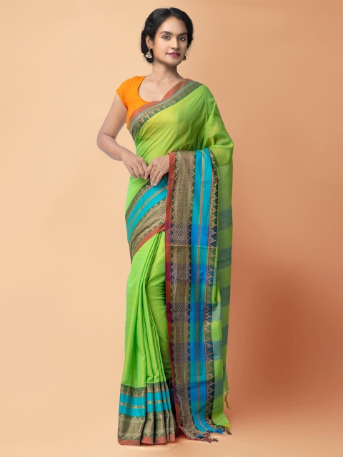 Unnati Silks Green & Blue Pure Cotton Narayan Peth Saree