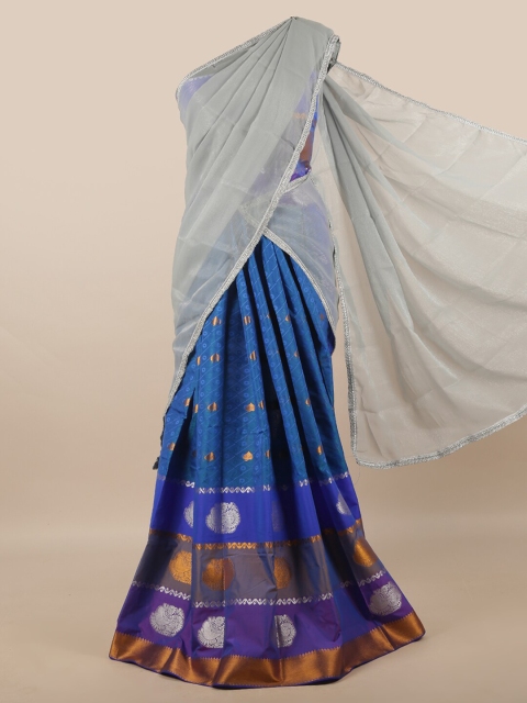 Pothys Grey & Blue Unstitched Lehenga & Blouse With Dupatta