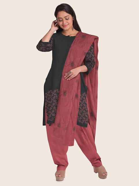 Pothys Grey & Maroon Embroidered Unstitched Dress Material