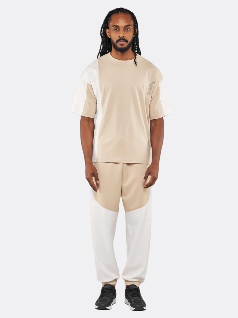 BLUEAGE Men Beige & White Colourblocked Pure Cotton T-shirt