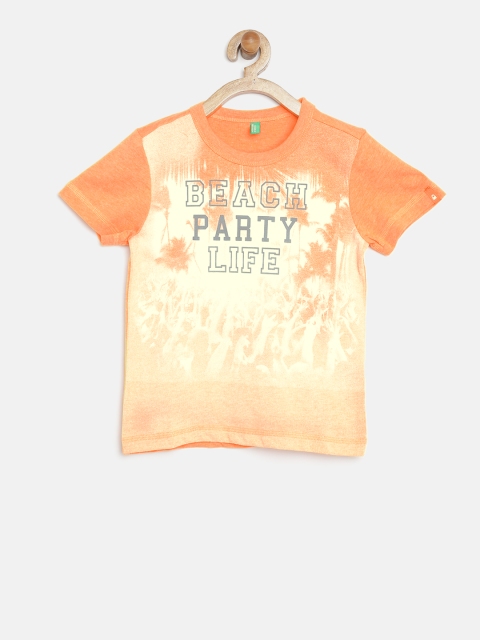 United Colors of Benetton Boys Orange Printed Round Neck T-shirt
