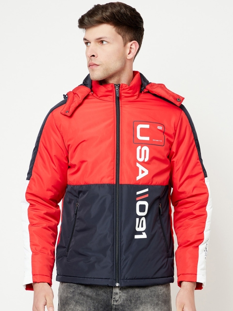 METTLE Men Coral Colourblocked Crop Padded Jacket with Embroidered