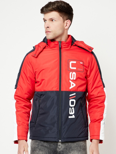 METTLE Men Coral Colourblocked Crop Padded Jacket with Embroidered