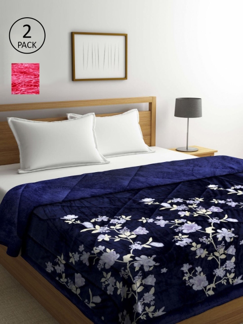 KLOTTHE Set of 2 Floral Heavy Winter Double Bed Quilt, Blue