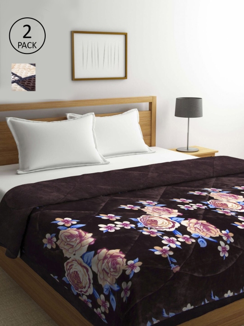 KLOTTHE Brown & Cream-Coloured Set of 2 Floral Heavy Winter Double Bed Quilt