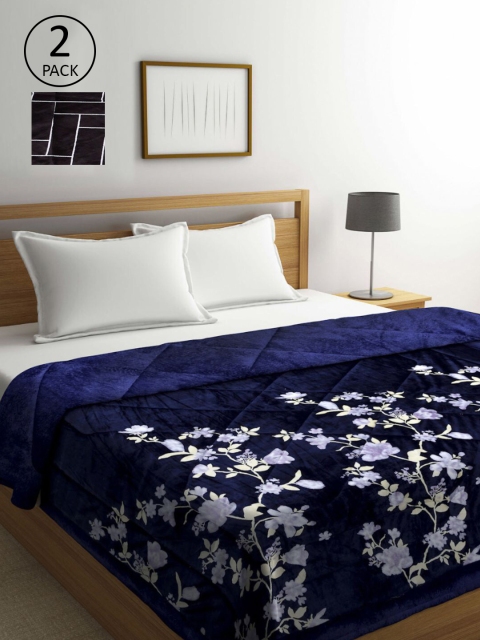 KLOTTHE Blue & Brown Set of 2 Floral Heavy Winter Double Bed Quilt