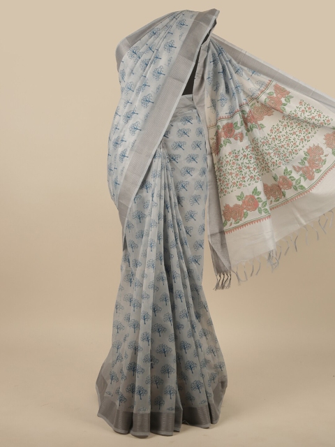 Pothys Grey & Blue Floral Printed Pure Cotton Saree