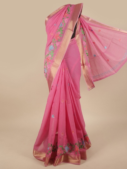 Pothys Pink & Blue Floral Embroidered Zari Saree