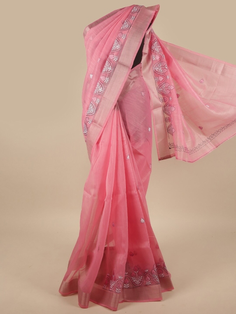 Pothys Pink & Silver Floral Embroidered Saree