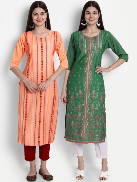 1 Stop Fashion Women Pack of 2 Digital Print Straight Kurtas, Orange