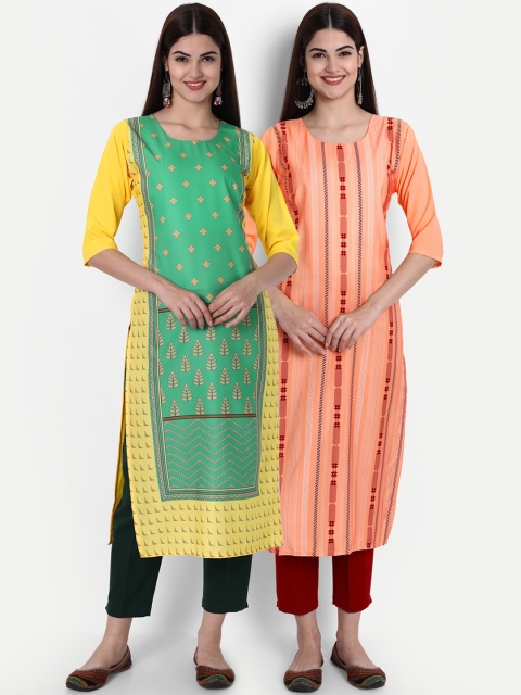 1 Stop Fashion Women Pack of 2 Printed Kurtas, Peach