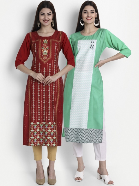 1 Stop Fashion Women Pack of 2 Printed Kurtas, Maroon