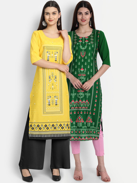 1 Stop Fashion Women Pack of 2 Ethnic Motifs Print Round Neck Straight Kurtas, Green 
1 Stop Fashion Women Pack of 2 Ethnic Motifs Print Round Neck Straight Kurtas, Green