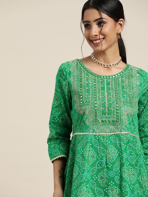 Sangria Green & Gold-Toned Cotton Bandhani Print Mirror Emboirdered A-Line Midi Dress
Sangria Green & Gold-Toned Cotton Bandhani Print Mirror Emboirdered A-Line Midi Dress