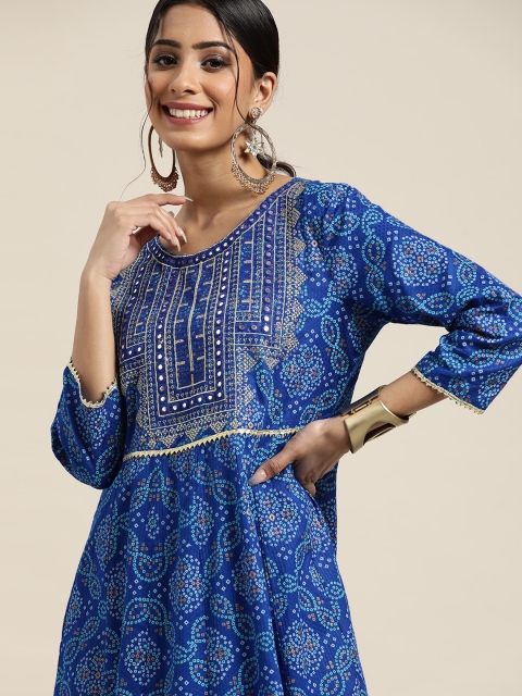 Sangria Blue & Gold-Toned Pure Cotton Bandhani Print Mirror Embroidered A-Line Midi Dress
Sangria Blue & Gold-Toned Pure Cotton Bandhani Print Mirror Embroidered A-Line Midi Dress