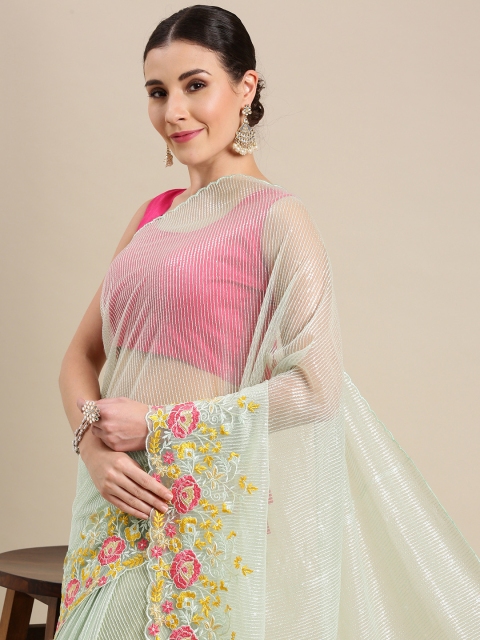 LOOKNBOOK ART Green Embellished Embroidered Net Saree