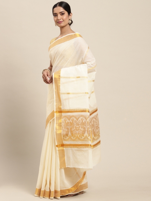 Thara Sarees Women Off White & Golden Zari Woven Design Pure Cotton Kasavu Saree
Thara Sarees Women Off White & Golden Zari Woven Design Pure Cotton Kasavu Saree