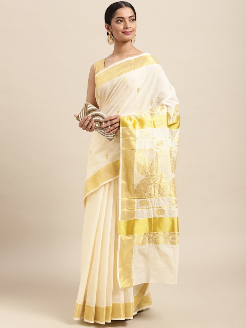 Thara Sarees Off White & Golden Handloom Ethnic Motifs Zari Pure Cotton Kasavu Saree
Thara Sarees Off White & Golden Handloom Ethnic Motifs Zari Pure Cotton Kasavu Saree