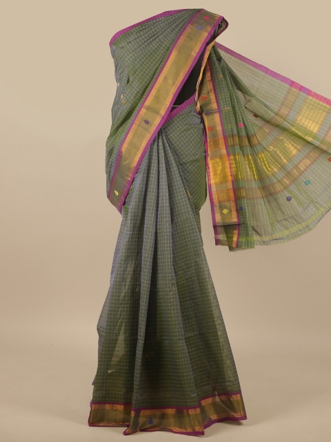 Pothys Green & Pink Checked Pure Cotton Venkatgiri Saree