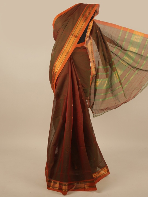 Pothys Brown & Orange Ethnic Motifs Zari Pure Cotton Venkatgiri Saree