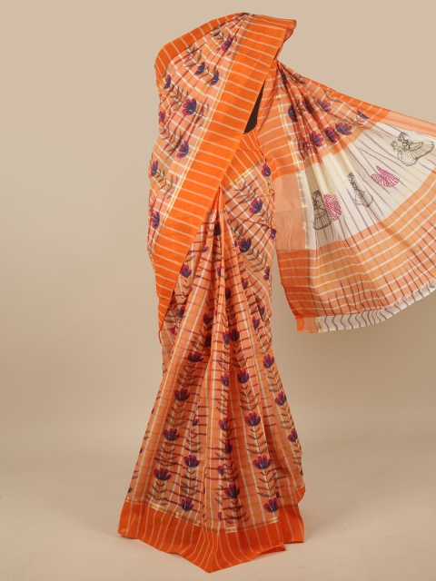 Pothys Orange & Cream-Coloured Floral Pure Cotton Saree
