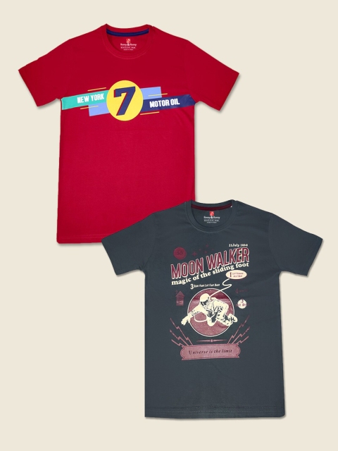Benny n Bunny Boys Pack of 2 Printed Pure Cotton T-shirts, Red