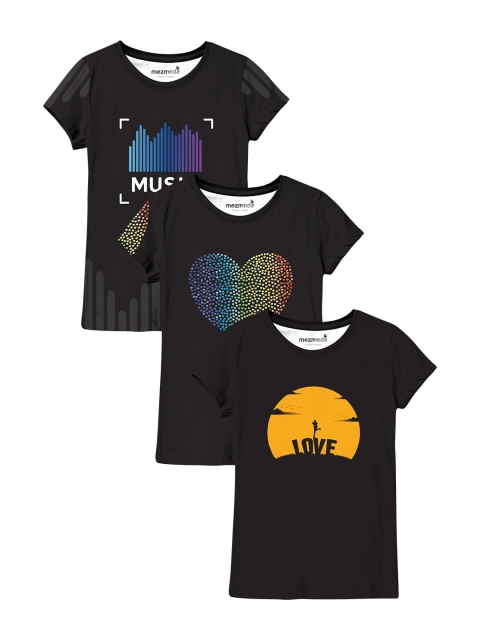 mezmoda Girls Black Set Of 3 Printed T-shirts