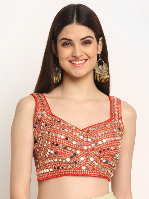 Grancy Women Orange Embellished Mirror Work Saree Blouse