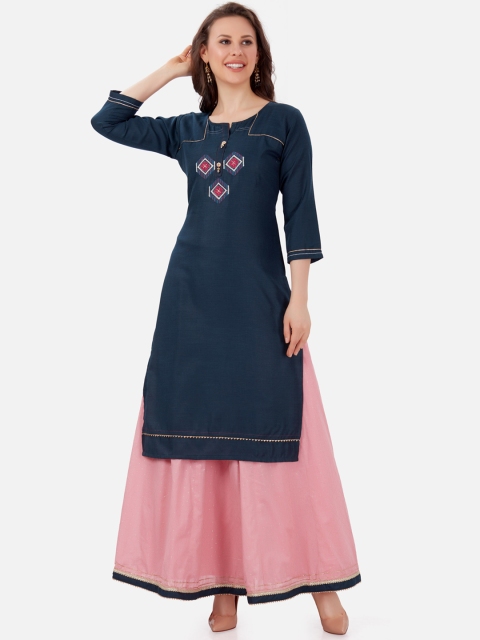 Kiana Women Blue Embroidered Pure Cotton Kurta with Skirt