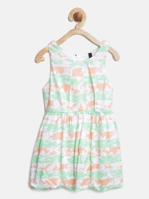 United Colors of Benetton Girls Green & Peach-Coloured Printed Fit & Flare Dress