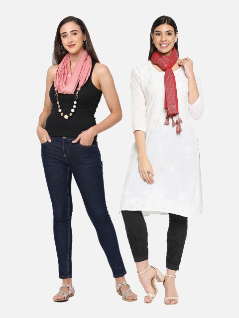 Get Wrapped Women Pack Of 2 Self Design Scarves, Red